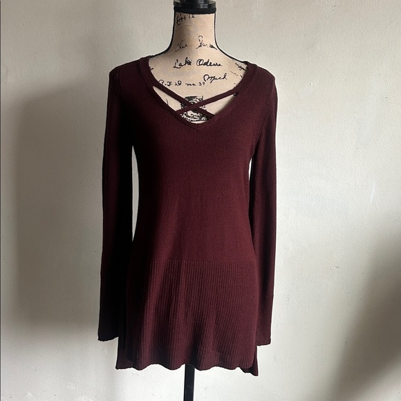 Free People Criss Cross Boho Tunic Mocha Sweater Size Small - Picture 12 of 14